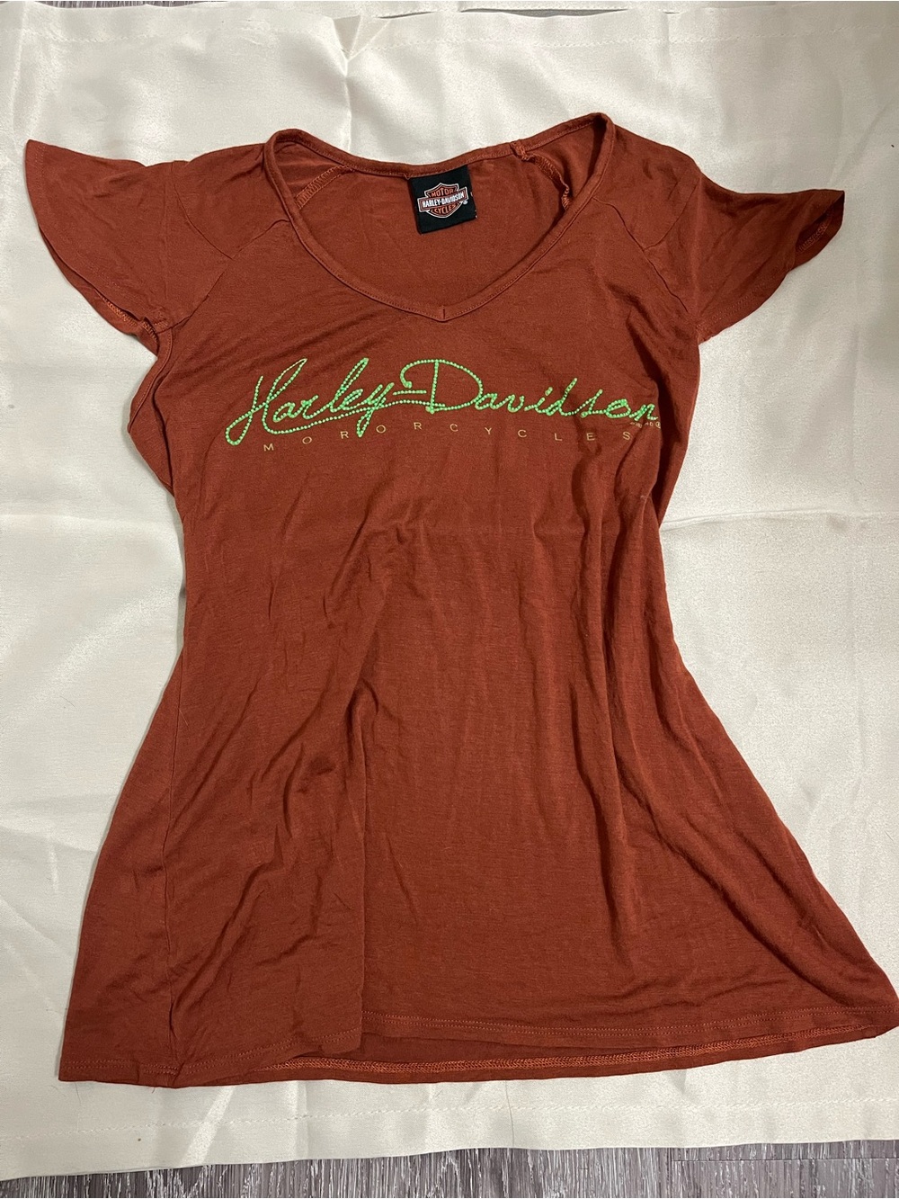Y2K Harley-Davidson Women’s Rust Tee with Lime Script Logo
